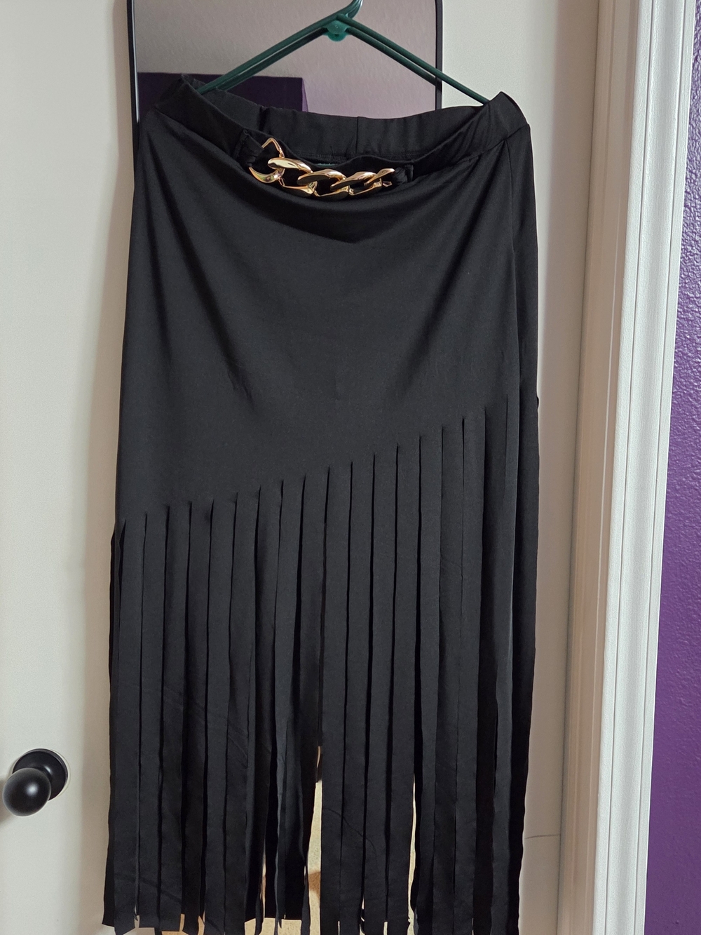 Black Fringe Midi Skirt with Gold Chain Accent